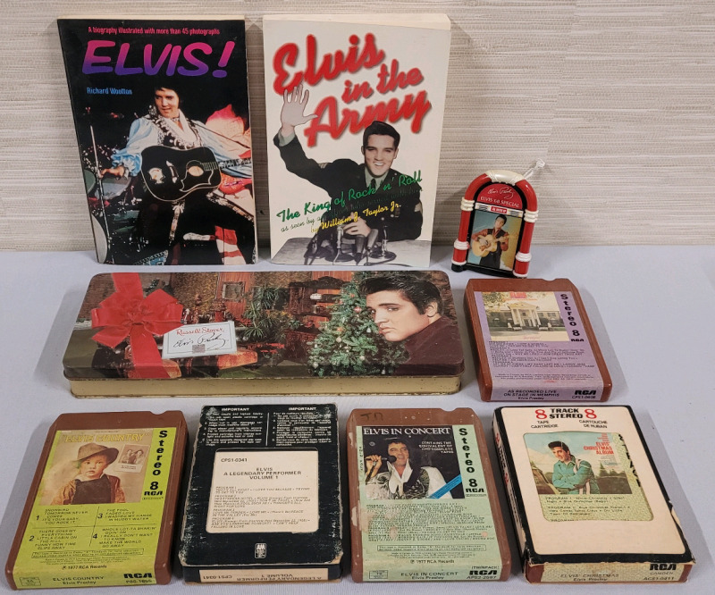 Elvis Presley Collector Lot : 2 Books , Five 8-Tracks , Tin , X-Mas Tree Decoration