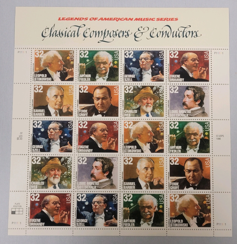 1996 US Postal ' Legends of American Music : Composers & Conductors ' Stamp Sheet , 32 Cent Stamps