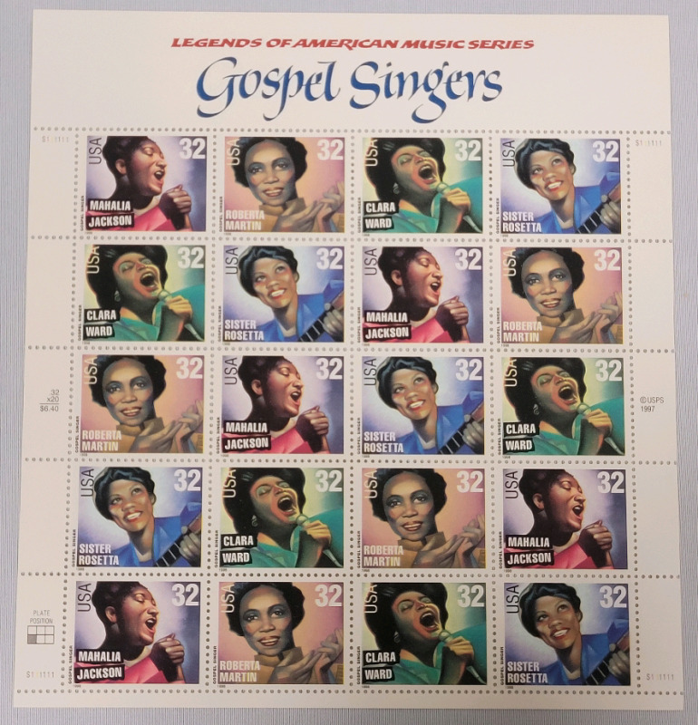 1997 US Postal ' Legends of American Music : Gospel Singers ' Stamp Sheet , 32 Cent Stamps