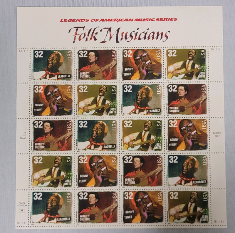 1997 US Postal ' Legends of American Music : Folk Musicians ' Stamp Sheet , 32 Cent Stamps