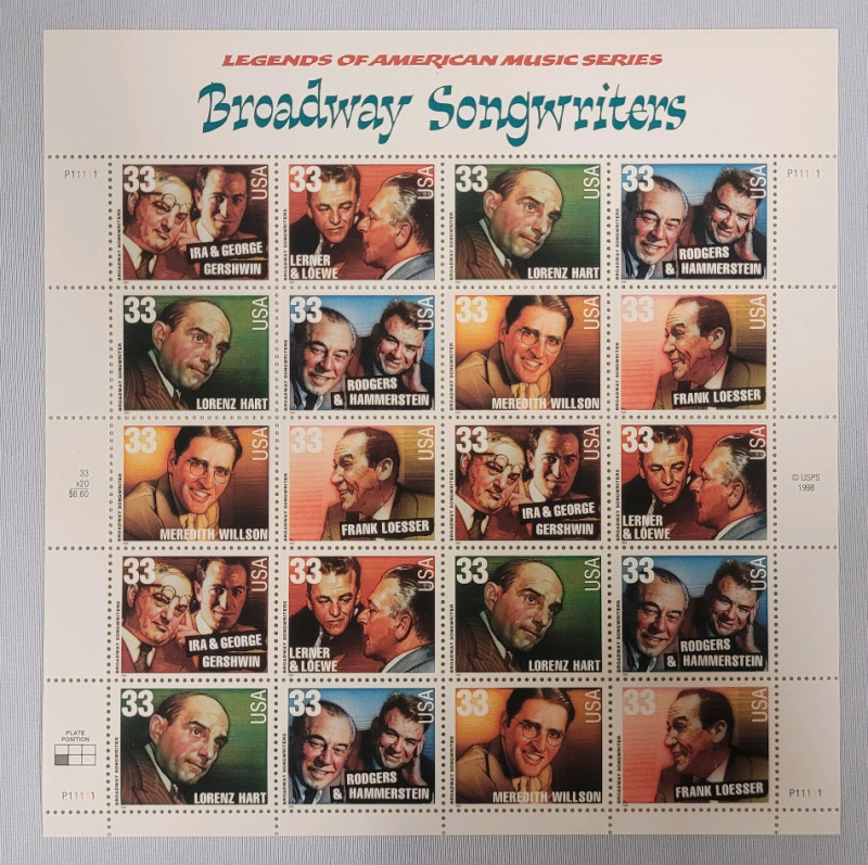 1998 US Postal ' Legends of American Music : Broadway Songwriters ' Stamp Sheet , 33 Cent Stamps