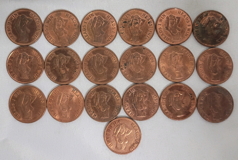 Vintage Nudie Girl Tokens " Heads I Win , Tails You Lose " . 19 Coin Tokens