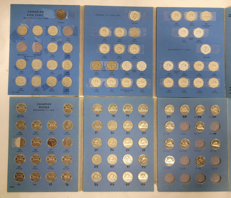 1922 - 2011 Canadian 5 Cent Nickels in Blue Books . All Coins Appear in Correct Slot