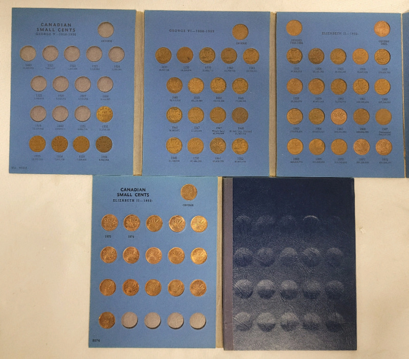 1932 - 1988 Canadian Pennies in Blue Books . All Coins Appear to be in Correct Slot