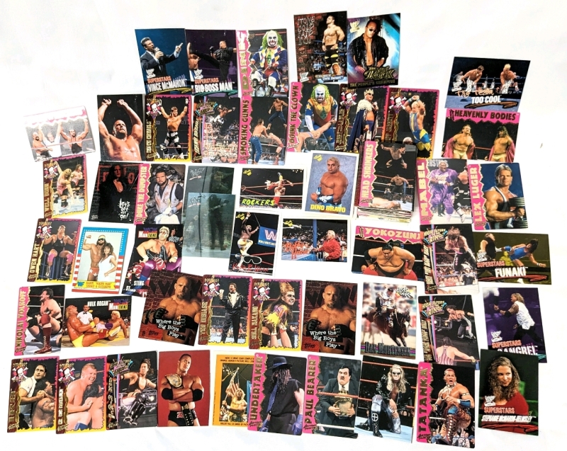 100+ Assorted Vintage to Modern Wrestling Trading Cards: WWF World Wrestling Federation Action Packed Thick Cards, Fleer WrestleMania+