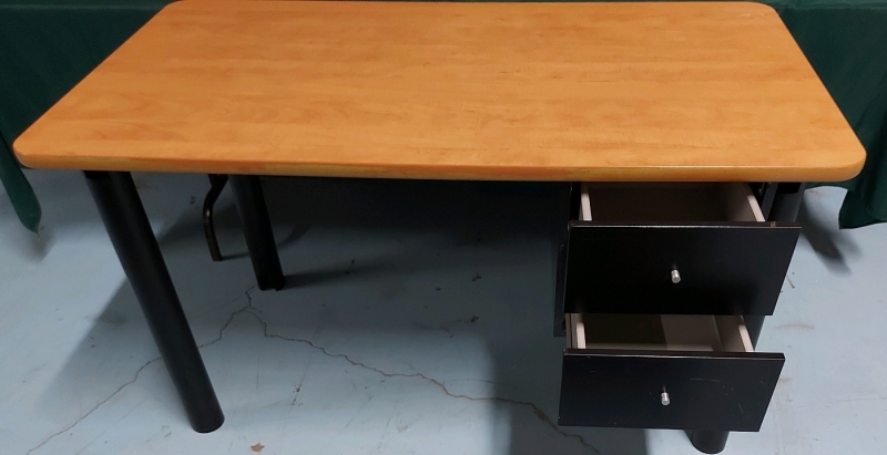 Large Wooden Desk With Metal Legs And Two Drawers