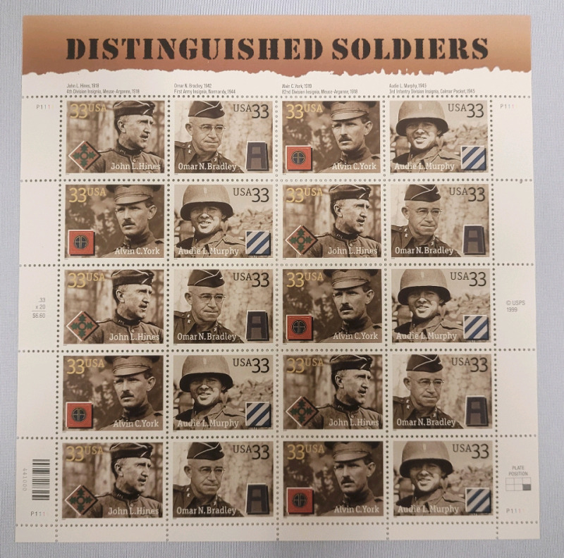 1999 US Postal ' Distinguished Soldiers ' Stamp Sheet , 33 Cent Stamps