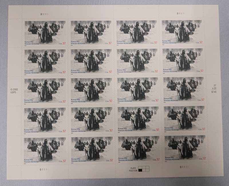 2002 US Postal ' Korean War Veterans Memorial ' Stamp Sheet , 37 Cent Stamps