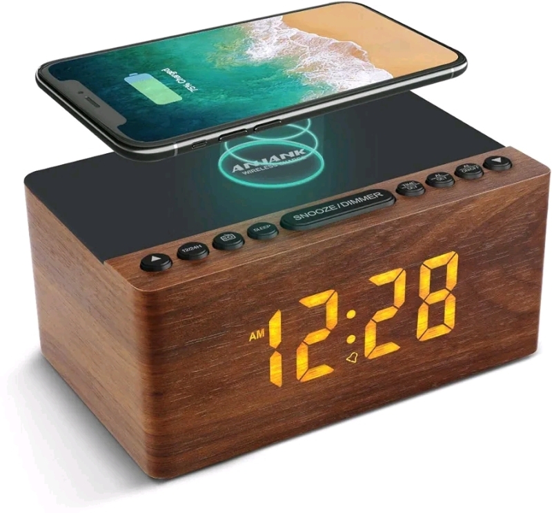 New - ANJANK Wooden Digital Alarm Clock FM Radio ,Wireless Charger Station for Cell Phone