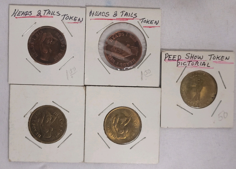 Peep Show Token & Four (4) Nudie Girl ' Heads or Tails ' Tokens