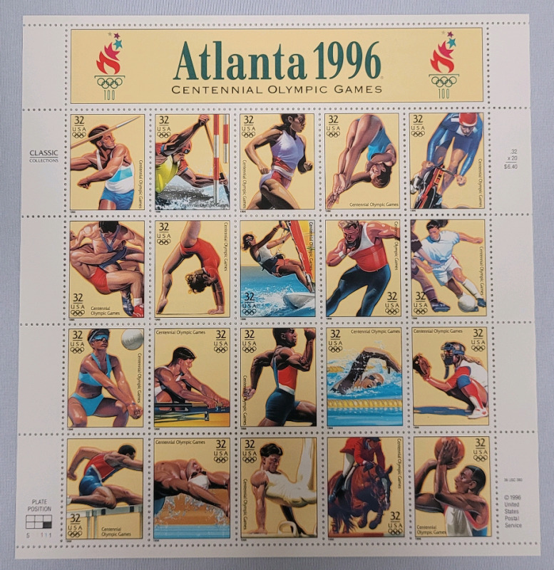 1996 US Postal ' Atlanta 1996 Centennial Olympic Games ' Stamp Sheet , 32 Cent Stamps