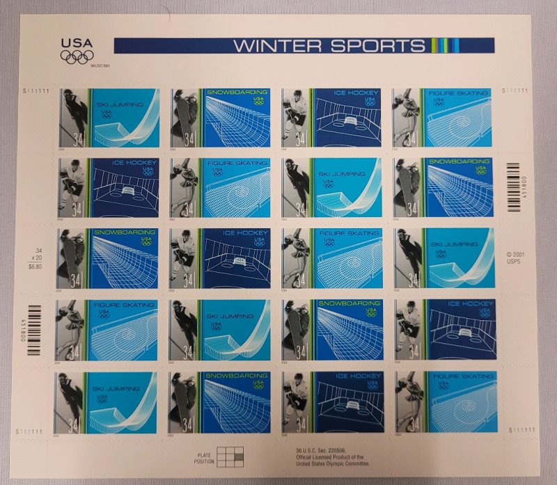 2001 US Postal ' USA Winter Sports ' Stamp Sheet , 34 Cent Stamps