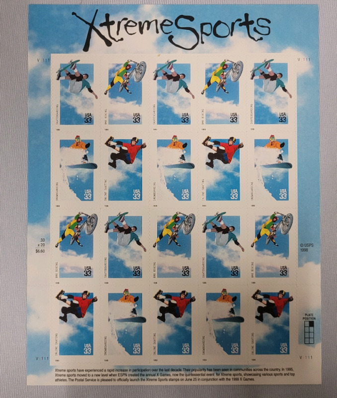 1998 US Postal ' Xtreme Sports ' Stamp Sheet . 33 Cent Stamps