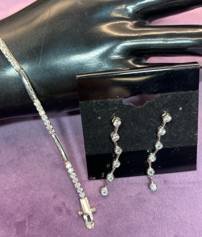 Sterling Silver Cubic Zirconia Line Bracelet Dangle Earrings signed