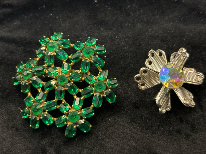 Emerald Green Rhinestone 7 Flower Burst Brooch& AB Brooch