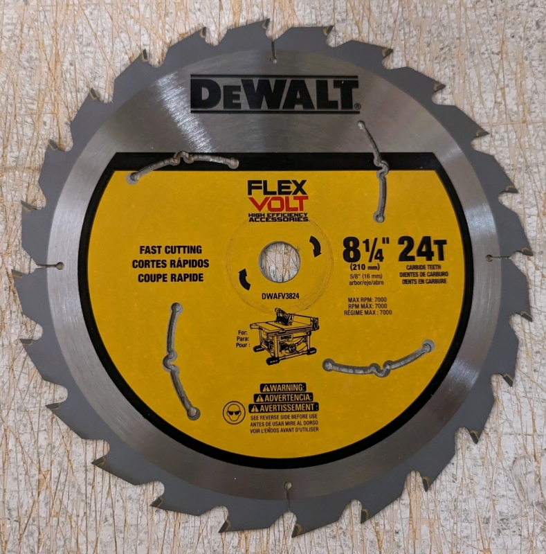 New DEWALT FLEXVOLT 8-1/4-inch 24-Teeth Carbide-Tipped Table Saw Blade.