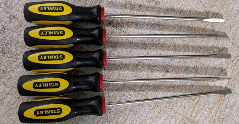 5 New Standard Stanley Screwdrivers. 9.75" Long