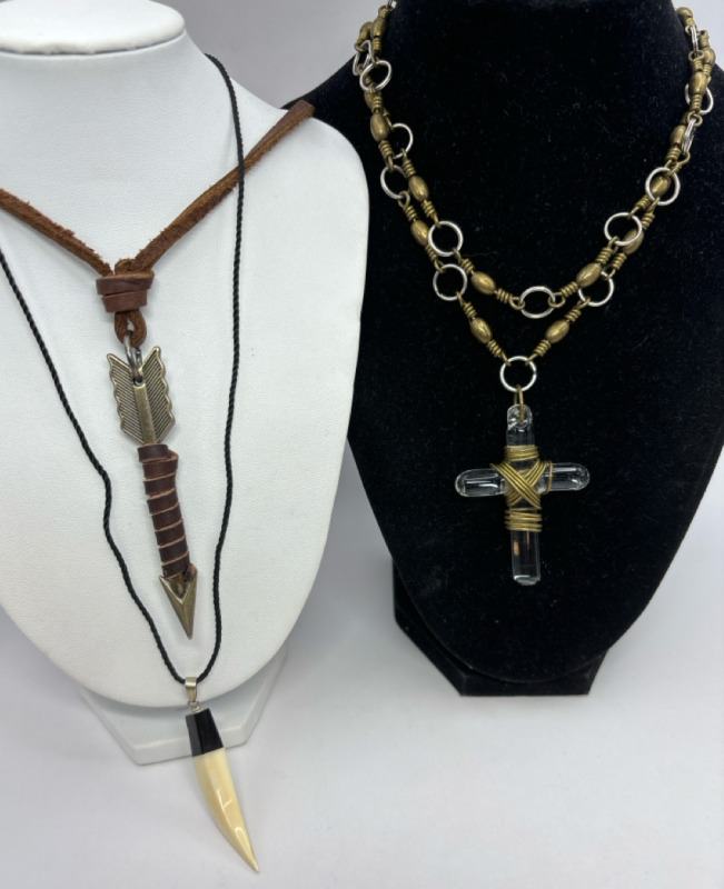 Wire wrapped Clear Cross & Arrow Pendant Necklaces