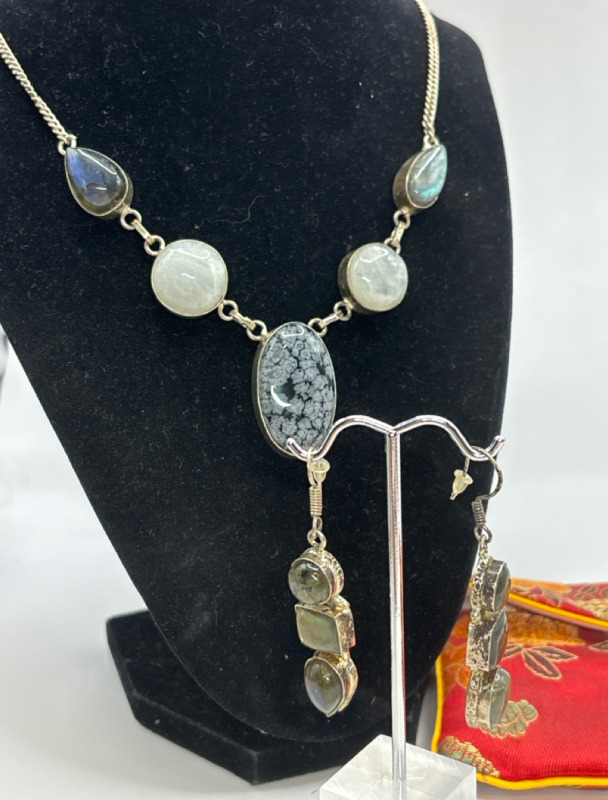 Moonstone Snowflake Obsidian Labradorite Necklace Earrings