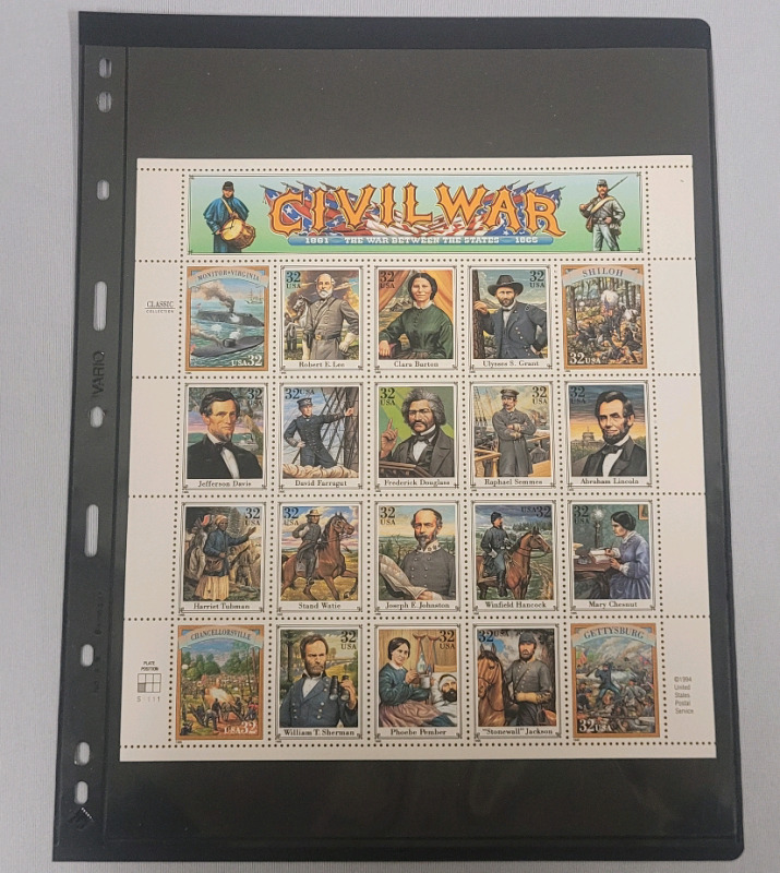 1994 US Postal ' Civil War 1861-1865 The War Between the States ' Stamp Sheet , 23 Cent Stamps