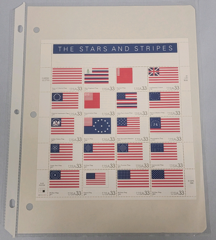 1999 US Postal ' The Stars and Stripes ' Stamp Sheet . 33 Cent Stamps