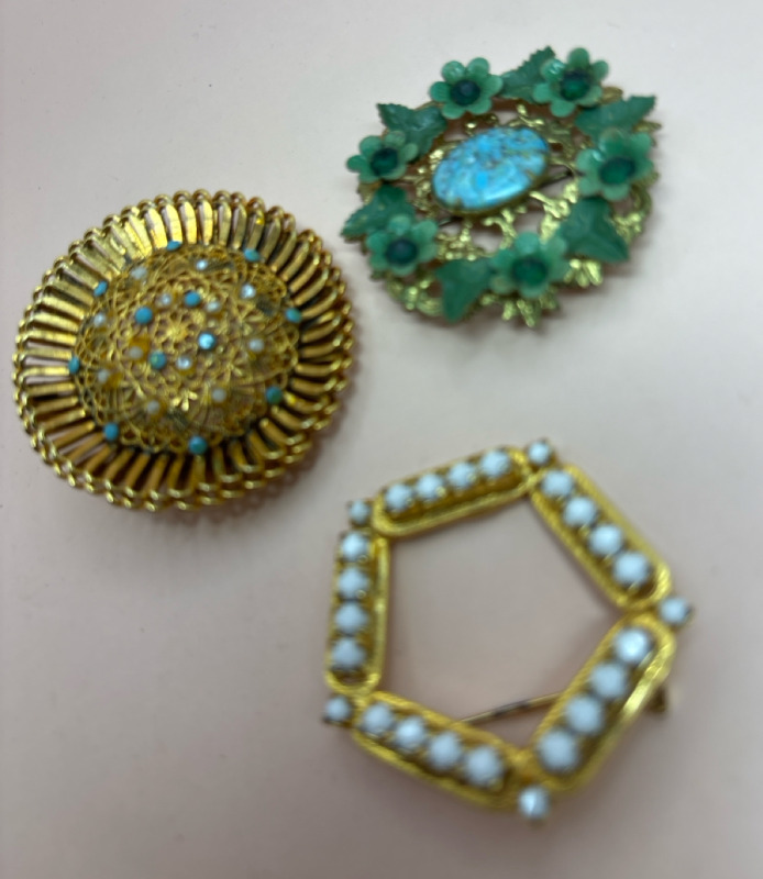 3 Vintage Brooches with Stones