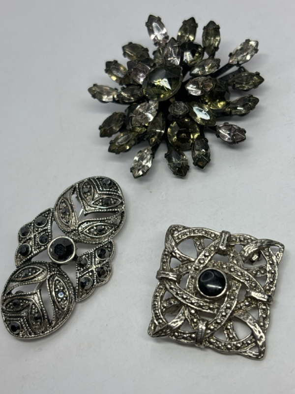 3 Vintage Brooches Japanned Teired Celtic & Art Nouveau