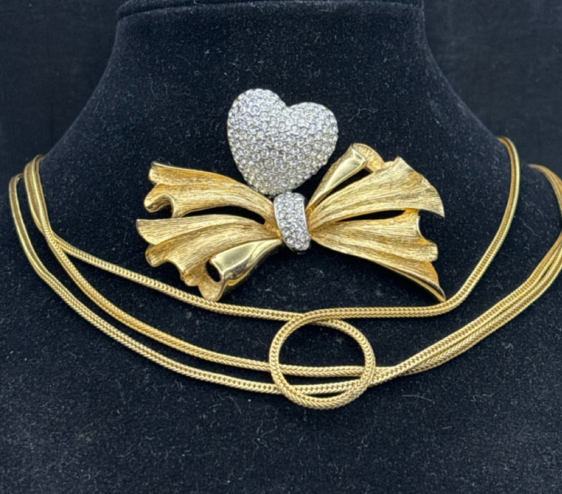 Rhinestone Bow Brooch Opera length Chain