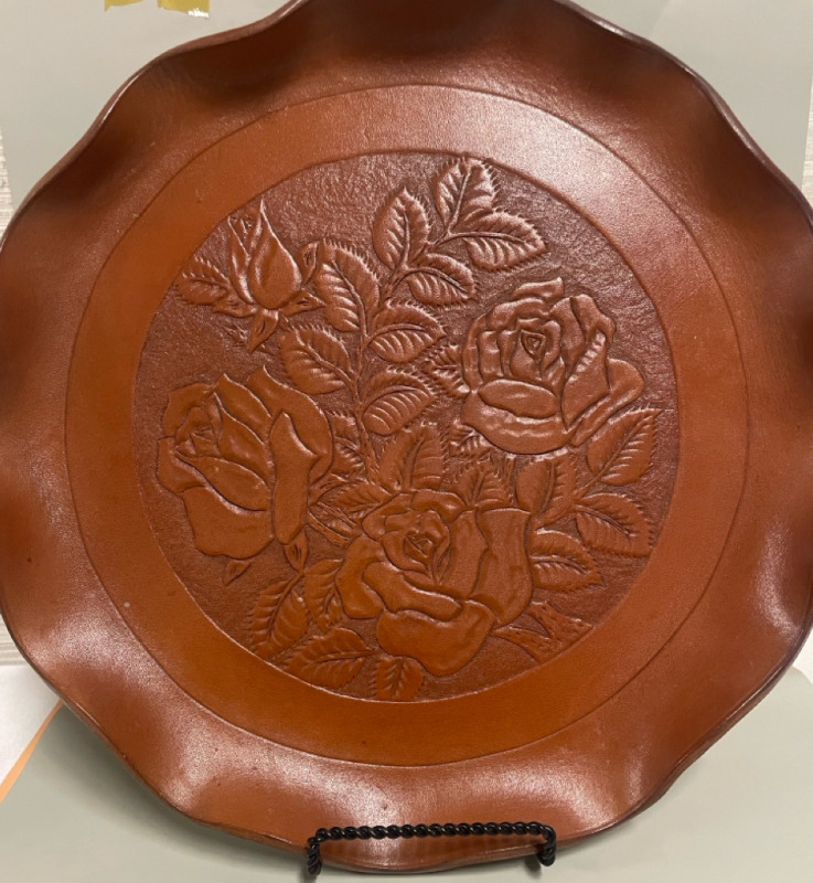 Vintage tooled leather 13” tray