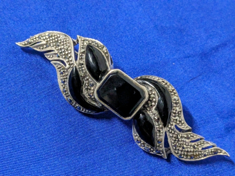 Vintage 925 Sterling Silver Marcasite & Onyx Brooch 2.5" Long