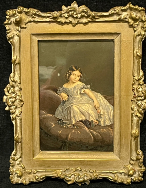 Antique print young girl ornate gold frame