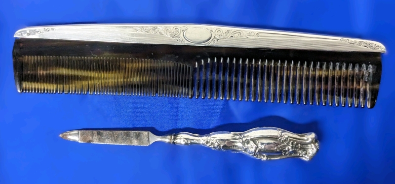 Sterling Silver Comb 7.8" Long & Antique Art Nouveau Sterling Silver Nail File 5.5" Long