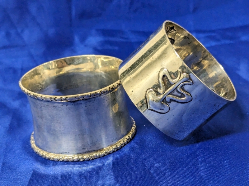 2 English Sterling Silver Napkin Rings : Walter & Hall Sheffield 1911 & Art Nouveau 1.75" - 1.9" Diameter