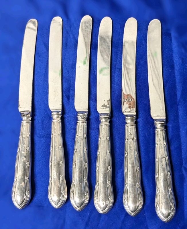 6 English Sterling Silver Butter Knives 7" Long ea