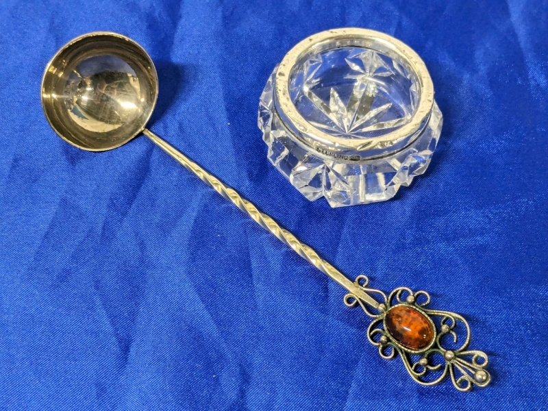 Sterling Silver Rimmed Salt Cellar 1.4" x 0.9" Tall & Vintage Silver Plate Ladle with Amber Cabochon 4.5" Long