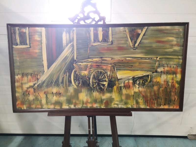 Vintage Oil on Canvas Wagon & Barn - signed L. Vicki