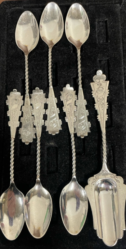 6 Dutch 835 Silver demitasse spoons 1 matching sugar scoop