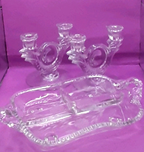 Vintage RHA 12.5" Cornflower Divided Dish Depression Glass Candlesticks with Cornflower Pattern