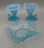 Vintage 2 3.5" Blue Opalescent Hobnail Cornucopia Vases Vintage Turquoise Hobnail Dish