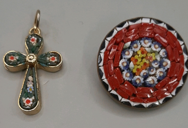 Vintage Micro Mosaic 1.25" Cross Pendant and Brooch