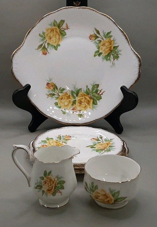 Vintage Royal Albert 10" Tea Rose Handled Cake Plate 3 Bread & Butter Plates Dessert Plate Cream & Sugar