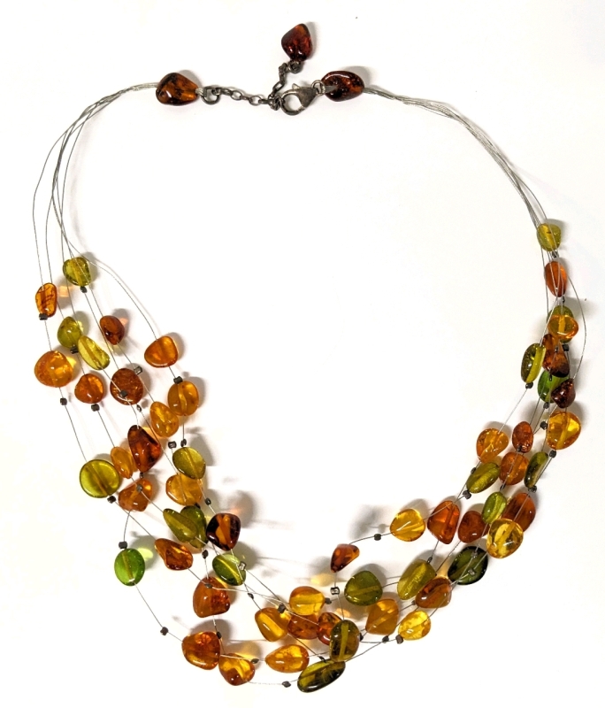 Multi-Color Amber Six-Strand Necklace 20" Long with Sterling 925 Clasp