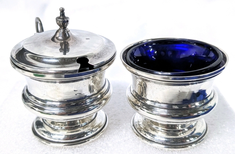 English Sterling Silver Condiment Set w Cobalt Liners Birmingham 1.8" - 3" Tall