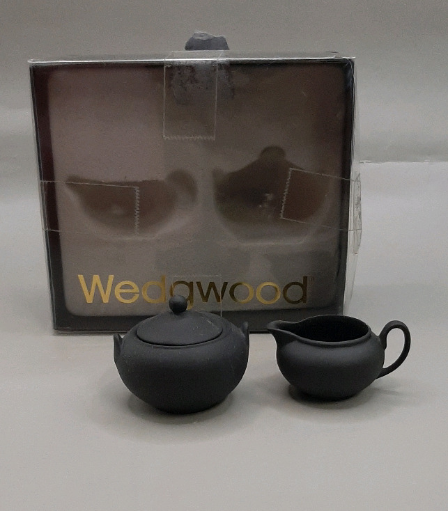 Vintage Wedgwood Black Basalt Miniature Cream & Sugar