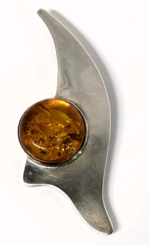 Modernist Polish Sterling Silver & Amber Brooch c. 1960s 3.25" Long