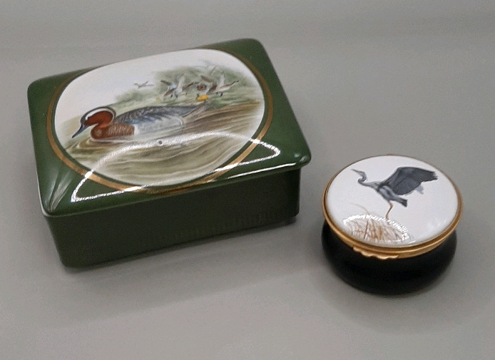 Vintage 4.5" X 3.75" West German Trinket Box with Ducks A Round Trinket Box with Enameled Heron