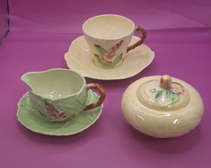 Vintage Carlton Ware 3.75" Wild Rose Covered Sugar Sauce Pitcher with Underplate "Foxglove" Cup and Saucer