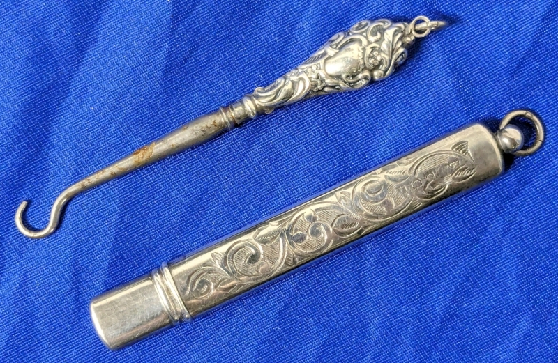 Antique Sterling Silver Chatelaine Button Hook 3" Long & Antique Sterling Silver Chatelaine Pencil Birmingham England Dated 1916 2.75" Long