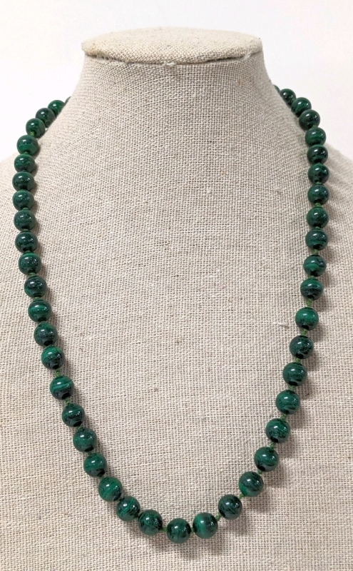 Vintage Malachite Round Bead Necklace w 14K GF Fishhook Clasp 18" Long
