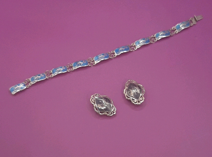 Vintage Sterling Silver Clip On Earrings Antique 7" Blue Siam Sterling Silver Bracelet